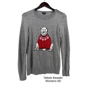 Talbots Sweater Women's XS Gray Polar Bear Fair Isle Knit Zip Shoulder Cozy